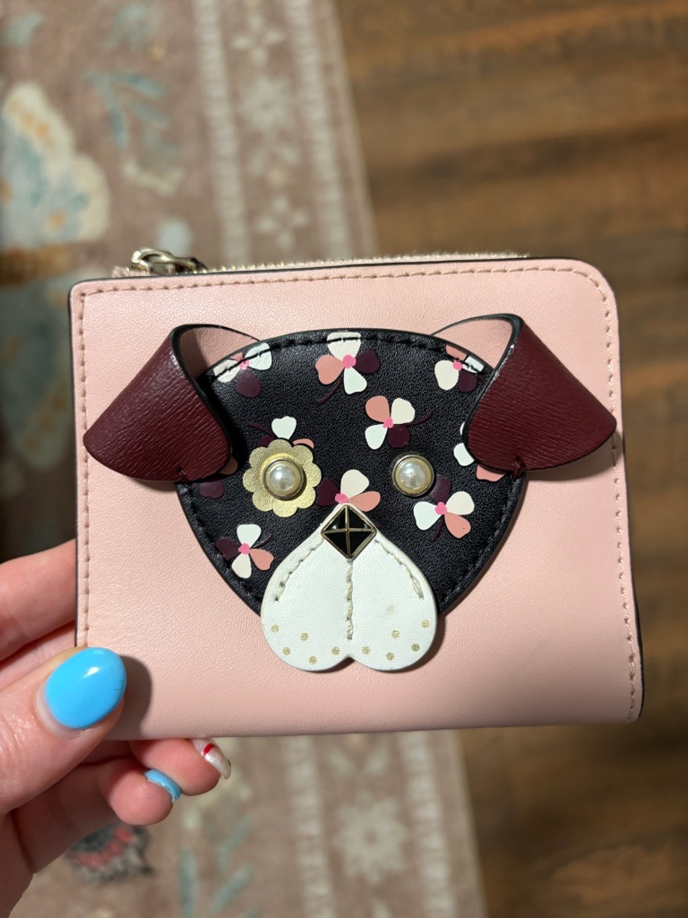 kate spade Pink Leather Zip Card Holder with Puppy Appliqué